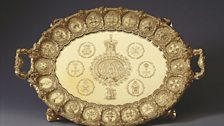 Gold tray made for George IV which weighs 8.5kg. Created by the royal goldsmiths in 1821/2