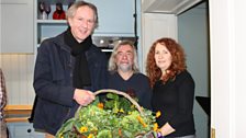 Local producers Hans & Andy Halliwell, along with Kevin Ashley, from Neven's garden, present a basket of fresh vegetables