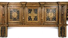 Ceremonial oak bedhead made for the marriage of King Henry VIII and Anne of Cleves dated 1539