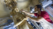 Conservator Victor Borges works on the cast of the Pisano Pulpit, June 2014 in the Weston Cast Court