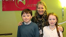 Paula Rafferty, with her students from Cloughoge Primary School, Oisín McDonald and Sarah Hoben