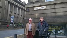 Pete Coe with John Francmanis in Leeds at the location of Frank Kidson's birthplace.