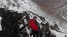 Chris on the narrow top section of Sron na Lairig