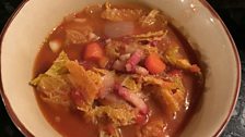 Clare English's cabbage, bacon and carrot soup