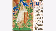 Female pig on stilts, wearing a conical hat, and playing the harp