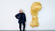 Artist Lynda Benglis pictured with her work Ghost Dance/Pedmarks, 1995-96.