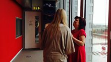 Victoria Erasmus and Elaine C Smith chatting after being in the studio.