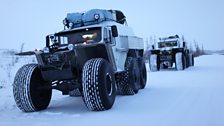 The two Russian six wheel drive 'Trekols' used to travel across the frozen arctic tundra