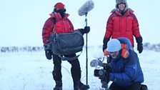 Kate with sound man Mark Roberts and producer/director Alexis Girardet filming in temperatures around -40 degrees Celsius