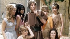 Frankie Howerd (1969) on set of the popular TV Series Up Pompeii