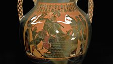 Pottery: black-figured amphora: the death of Priam. Greek, 550BC-540BC (circa). Vulci, Lazio, Italy