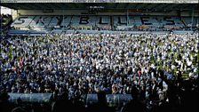 Fans spilled onto the pitch at the end of City's 6-2 win over Derby County.