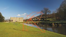 Umbrella (orange), 2011, and Umbrella (purple), 2013, installed at Chatsworth House, 2014