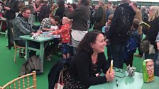 Danny Wallace and Arabella Weir signing books in the festival bookshop