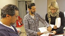 Kulvinder Ghir, Navin Chowdhry discuss the script with Director, Sarah Bradshaw