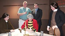 Liam with museum curator Dr Jonathan Mattison in the replica of Sloan's parlour