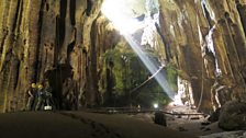 To film nest collectors, the crew rigged ropes to the ceiling of vast caverns – some big enough to fly a jumbo jet through