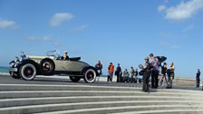 Preparing to film Tessa Dunlop drive a 1928 Packard Roadster down the promenade at Fécamp, France