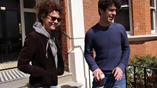 Helen McCrory and Paul Ready enjoy the sunshine during a break in recording