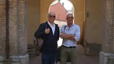 Michael Symmons Roberts and Diego Saglia outside the Palazzo Guiccioli, Ravenna