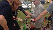 Sophie had to try this pedal-powered smoothie machine to earn the treasure!