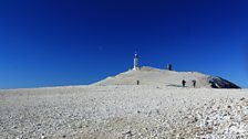 The desert of sun bleached rock approaching the summit of Mont Ventoux.