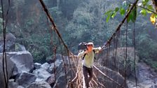 Crossing one of the many chasms on our way to film the living root bridges of Meghalaya