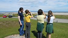 Alison Jordan and our three visitors scan the sea for any signs of dolphins