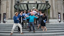 Tim Brooke-Taylor and the rest of the cast of HMS Pinafore outside Usher Hall in Edinburgh