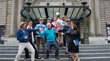 Tim Brooke-Taylor and the rest of the cast of HMS Pinafore outside Usher Hall in Edinburgh