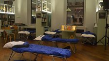 Beds in Wellcome Collection's Reading Room ready for the world premiere live broadcast of SLEEP