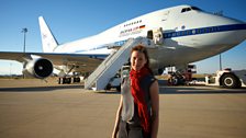 Helen stands in front of NASA’s SOFIA observatory – a flying infrared telescope