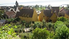 View of Culross Palace and the river from the top of the garden