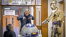 Warwick Davis, Martin Freeman, R2-D2 and C-3PO at the Children In Need studios