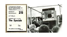 A 1979 Specials ticket and a photo of Jerry Dammers and Lynval Golding at a youth unemployment rally, London 1981