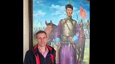 David Sneath with a painting of the Mongolian Communist hero Sukhbaatar