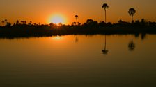 Flooded landscape at sunset, Okavango Delta