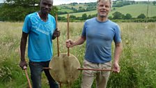 Aliou and Adam with an unfinished kora