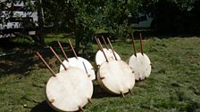 Calabash and deerskin kora bodies drying in the sun