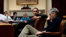 Obama and his Chief of Staff in the Roosevelt Room, 17 March 2009