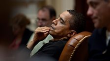 President Obama takes a moment to reflect, 15 March 2009