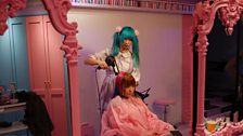 Stylist with Senanan, DJ and wannabe fashion designer, at IKU’s salon in Tokyo