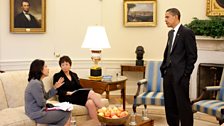 President Obama meets with Nancy-Ann DeParl and Valerie Jarret in the Oval Office, 12 May 2009