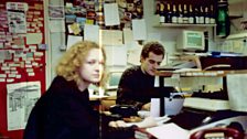 Reporters Nils Blythe and Jackie Hardgrave sit in front of their 1990s manual typewriters