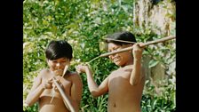 Akawaio Indian boys, Carlton and Codrice, practising with their blowpipes