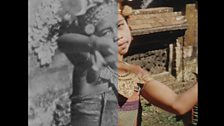 Girl dancing in Barong Village Festival in Bali. Split screen to show the difference between black and white and colour footage