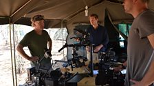 Camera operators Bob Poole, Max Hug-Williams and Mark Wheeler prepare their kit for filming at base camp