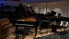 The stage set up for 'Jitterbug' performed by John Tilbury, Eyvind Kang, Michael Pisaro, Jessika Kenney and Annea Lockwood