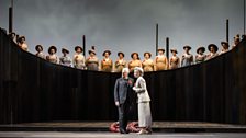 Peter Coleman-Wright (Bard of Britannia), Alexandra Deshorties (Bard of Germania) and the WNO Ladies Chorus