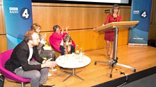 Judges Matt Haig, Linda Blair and Marion Janner with presenter Claudia